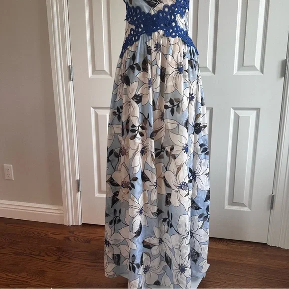 Foxiedox Floral Bow Ties Blue Crochet Coquette Wedding Guest Maxi Dress Size S - Picture 4 of 13